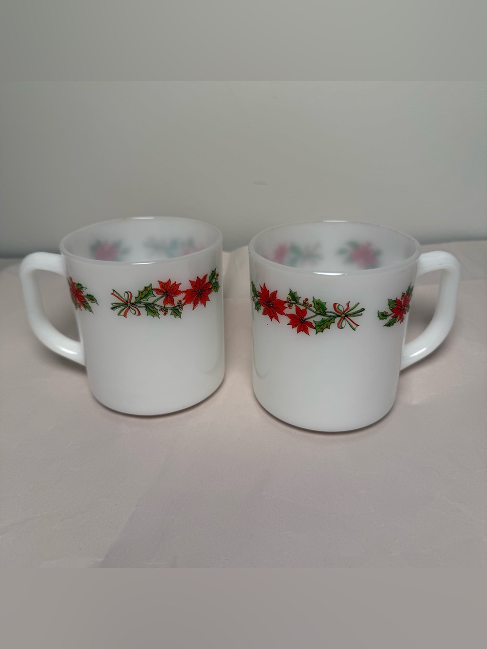 Vintage Indopal milk glass Christmas poinsettias mugs